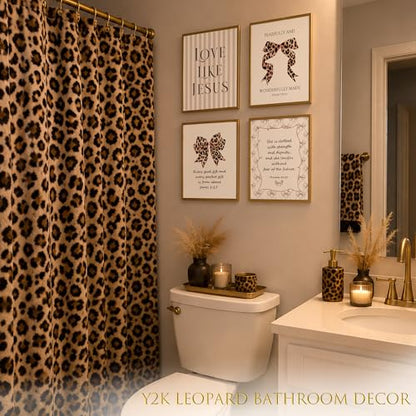 LARTSFRO Coquette Leopard Bow Jesus Wall Art Decor Posters, Y2K Cheetah Leopard Bow Room Bedroom Bathroom Dorm Wall Art Decor Aesthetic for College Teen Girls Gifts, Inspirational Bible Verses Bow Wall Decor, 10x8 Inch Set of 4 Pcs Cheetah Bow Pictures (U