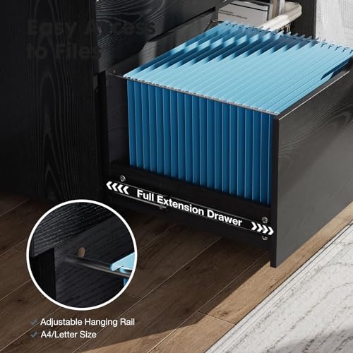 DUMOS Wood File Cabinet with 3 Drawers, Rolling Printer Stand | Under Desk Storage Organizer Home Office Space with Shelves for Files and Office Supplies, Rust - color: Classic Black