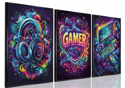 Yolbcdr Game Room Decor,Teen Boys Gaming Room Decor Accessories,3 Piece Wall Art, Gamer Posters for Teenage Wall Canvas Print for Bedroom (Colorful Gamer, 12"x16" Poster, Unframed) - color: Colorful Gamer, size: 12"x16" Poster