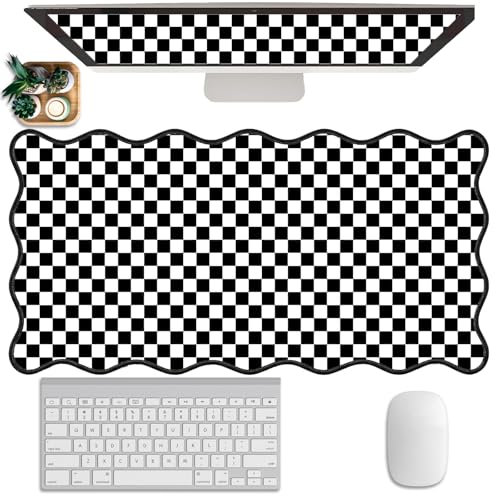 Scalloped Desk Mat Black and White Extended Large Mouse Pad Cute Desk Pad XXL Aesthetic Plaid Mousepad Checkered Gaming Mouse Pad for Keyboard Computer Laptop Office Accessories Girl 31.5X15.7Inch - color: Black, size: 31.5" x 15.7"