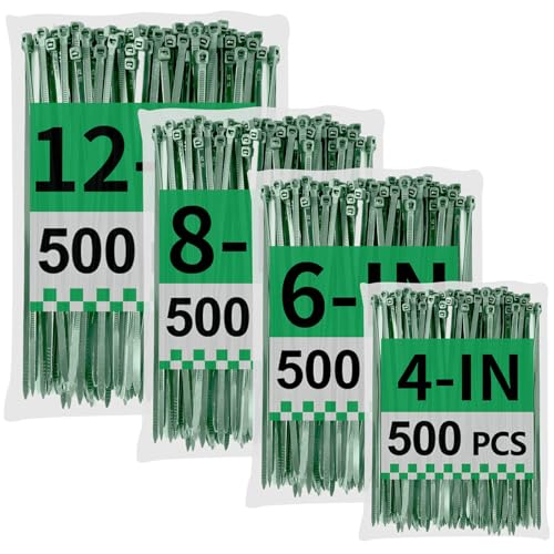 Green Zip Ties Assorted Sizes (4"+6"+8"+12"), 2000 Pack, Cable Ties UV Resistant for Garden, Plants, Fence, Holiday Lights, Yakobela - size: 4"+6"+8"+12" (2000 pack)