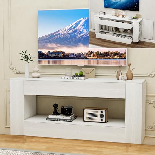 TV Stand Cabinet Up to 65 inch with Conceals Storage, Woodgrain, White | TV cabinet with 2 Push-Open doors and 2 drawers, entertainment center, storage cabinet, modern style, living room, office - color: Woodgrain White, size: 55.12"W*13.78"D*27.56"H