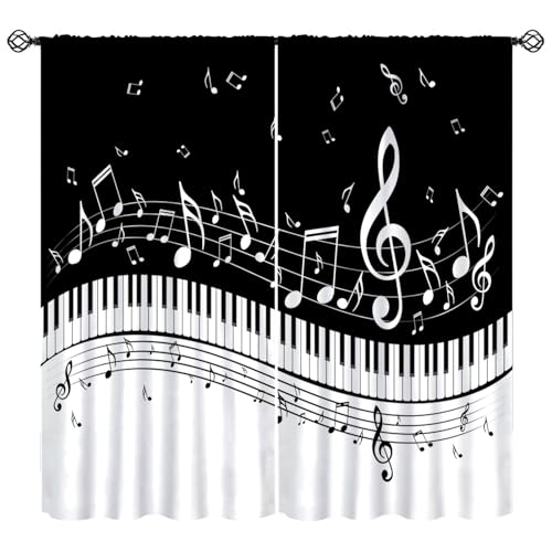 Music Notes Curtain, Black White Musical Notes Piano Key Musical Instruments Modern Romantic Art Window Drapes for Bedroom Living Room 42" W X 45" L(No Blackout) - color: Musical-7, size: 20.5"W x 45"L (Pack of 2)