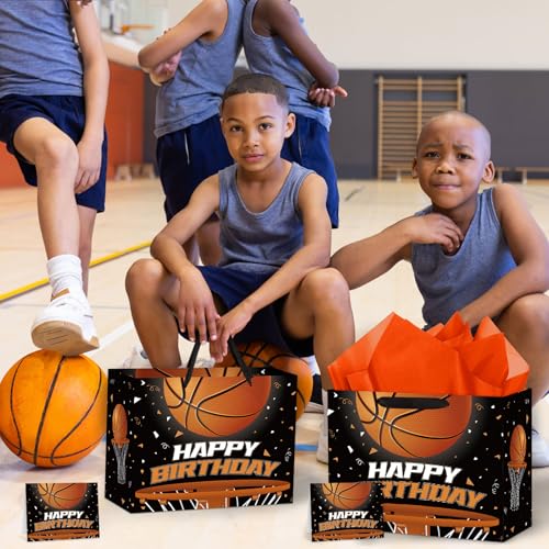 Hooqict Large Basketball Gift Bag with Handles, Tissue Paper, Greeting Cards Basketball Birthday Gift Wrap Bag for Kids Boys Men Sports Themed Goodie Treat Party Favors - color: Basketball