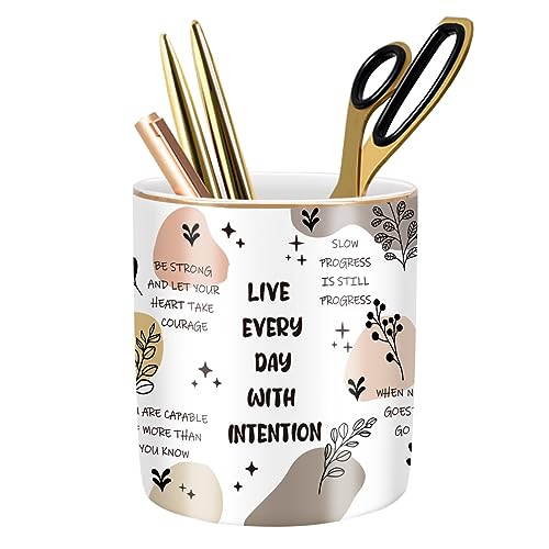 Cute Desk Pencils Pen Holder, Pencil Cup Holder for Desk, Ceramic Desktop Storage Pen Pencil Organizers Stationery Supplies for Office, Home, Words Pattern - color: Colorful Gold 02