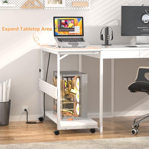 Besiost 32" Large Computer Tower Stand with Power Strips, 4 Levels Manual Height Adjustable PC Tower Stand for Under Desk, Mobile Rolling CPU Holder Computer Cart with Wheels, Carbon Fiber White - color: Carbon Fiber White, size: 32"