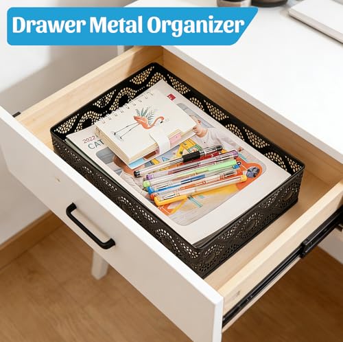 Desk Tray Organizer Mesh File Basket, Office Drawer Metal Trays Organizing Storage Box, Desktop Paper/Letter Tray for Office Home Makeup & Vanity, Black, Pattern 1# - style: Pattern 1#