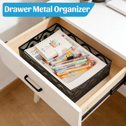 Desk Tray Organizer Mesh File Basket, Office Drawer Metal Trays Organizing Storage Box, Desktop Paper/Letter Tray for Office Home Makeup & Vanity, Black, Pattern 1# - style: Pattern 1#