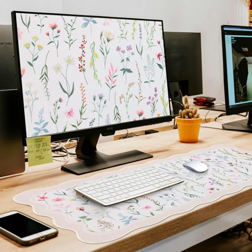 L-SPOUTTO Floral Mouse Pad,Botanical Desk Mat XXL Large Scalloped Gaming Mousepad,35.4x15.7in Non-Slip Keyboard Pad Waterproof Desktop Mat for Laptop Computer Work Game Home Office-Wild Flowers - color: Wild Flowers