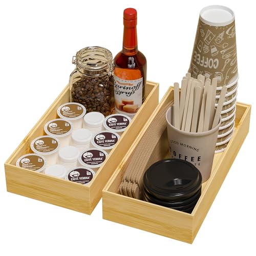 Kitchen Drawer Organizer Bins, Stackable Bamboo Drawer Organizer for Silverware, Flatware, Coffee Pod Organizer K Cup Holder for Countertop, 2 Pcs Coffee Station Organizer 12" x 6" x 2.5" - color: Bamboo, size: 12 x 6 x 2.5 Inch