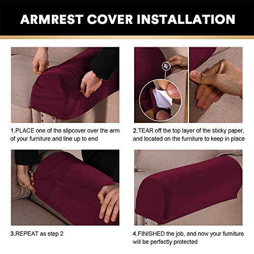 PrinceDeco 4 Pack Thick Velvet Stretch Armrest Covers for Chairs and Sofas Armchair Covers for Arms Couch Arm Covers Armrest Covers for Sofa Non Slip, Burgundy - color: Burgundy