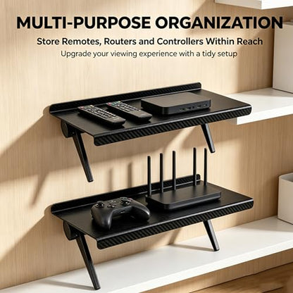 Speaker Mounts, 1 Pair Universal TV Shelf Brackets No Drilling Floating Shelves, Adjustable TV Top Shelf & Under TV Shelf Compatible with Universal Sound Bar, Space Saving Home Storage Organizer