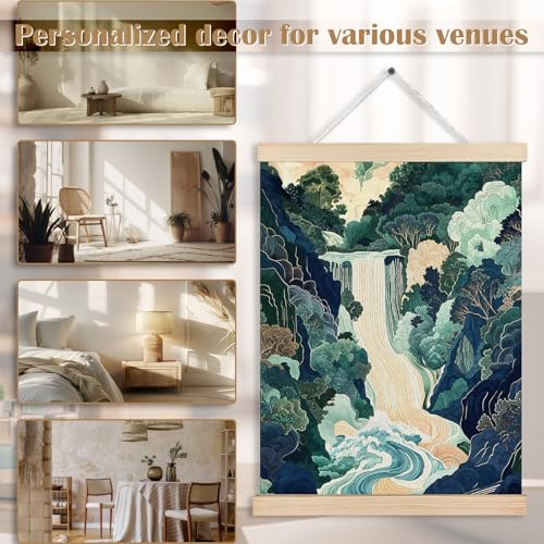 Green Abstract Japanese Waterfall Forest Scenic Canvas Wall Art Poster, Watercolor Blue Green Nature Landscape Wall Decor Prints for Japanese Home Bedroom Living Room, 12x16 Inches - color: Color-Mountain Lakeside Landscape 04