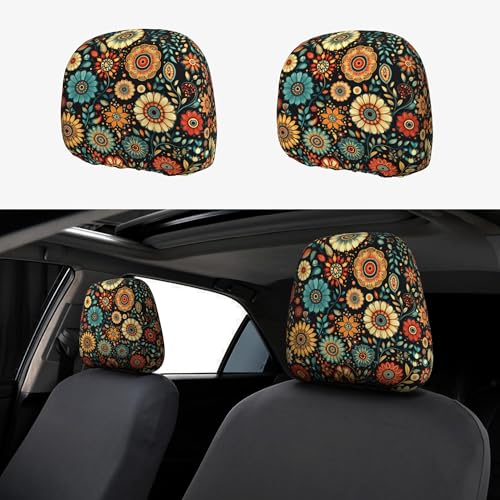 2 PCS Car Headrest Cover - Soft Elastic Fabric Car Detachable Head Rest Covers for Truck Sedan Van - color: Boho Floral Black