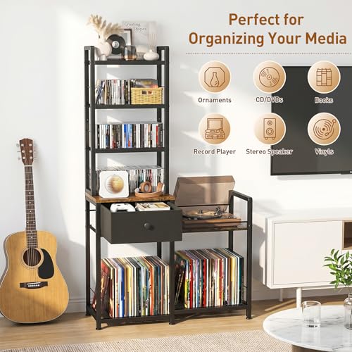 ikkle CD Rack with Drawer, 7-Tier DVD Organizer Shelf with Vinyl Storage | Media Storage Rack for CDs/DVDs, Vinyl Records, Books & Games, Ideal for Living Room & Home Office, 32.1x11.8x57.2 in, Brown