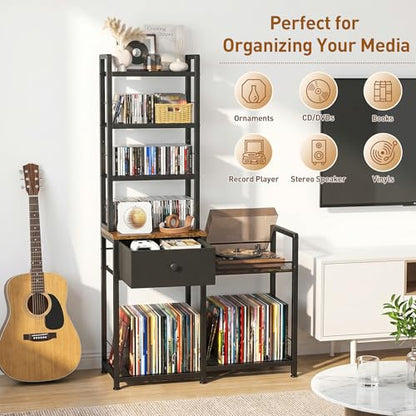 ikkle CD Rack with Drawer, 7-Tier DVD Organizer Shelf with Vinyl Storage | Media Storage Rack for CDs/DVDs, Vinyl Records, Books & Games, Ideal for Living Room & Home Office, 32.1x11.8x57.2 in, Brown