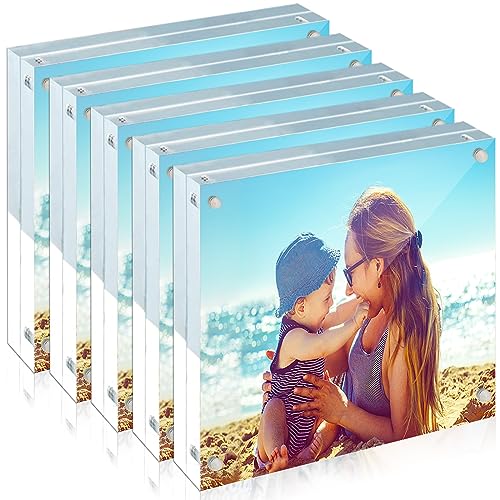 HELPLEX 5 Pack 4x4 Acrylic Picture Frames, 20mm Thicker Frameless Clear Frame Double Sided Magnetic Frame, Free Standing Desktop Display Stand Acrylic Frames - size: 4x4(5 PACK)