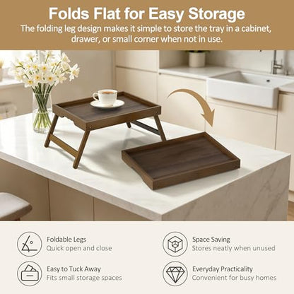 Large Breakfast Tray with Folding Legs Set of 2, 16.9" x 12.2" Bamboo Bed Tray Table with Ergonomic Wave Handles, Foldable TV Dinner Tray for Bed Couch Sofa, Breakfast, Laptop, Coffee, Walnut - color: Walnut, size: Large