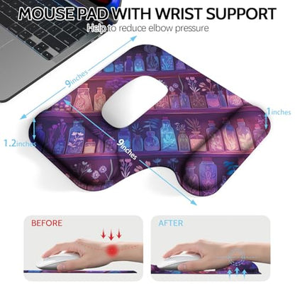 Ergonomic Mouse Pad with Gel Wrist Rest (1"& 1.2" Dual Height) - Mouse Pads Compact Mousepad Desk Mat Office, Gaming & Carpal Tunnel Relief | Non-Slip Rubber Base Mystical Potion Bottles - color: Mystical Potion Bottles