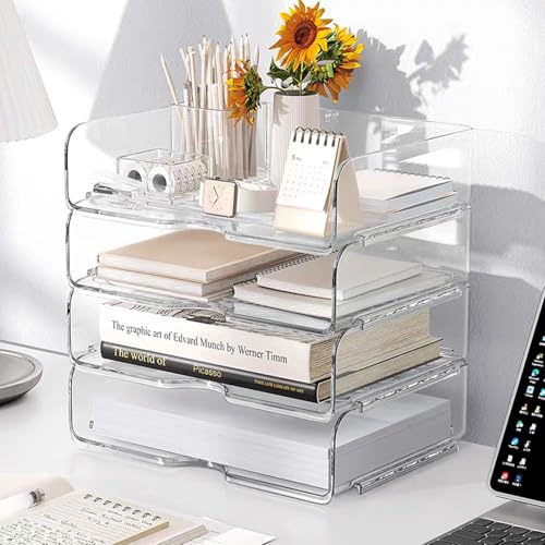 Clear Stackable Paper Trays 4 Pack, PET Letter Tray Desk Organizer, Desktop Organizers and Storage for Books, Magazines, Folders, A4 Size File Paper, Office Supplies - color: Clear, size: 4 Count (Pack of 1)