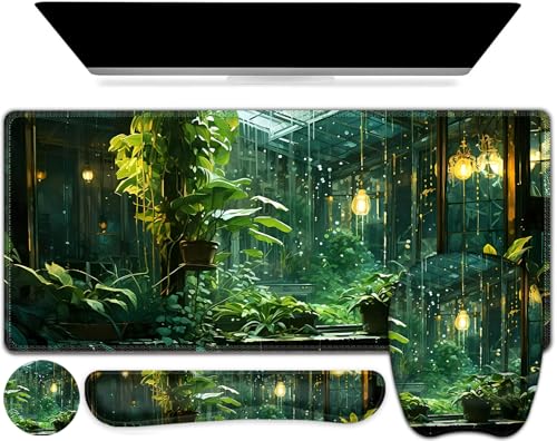 Large Mouse Pad with Wrist Support 4 in1 Set, XXL Big Game Mousepad + Keyboard Wrist Rest+Mouse Wrist Rest Pad +Coaster Gaming Mat for Women Men Home Office Computer I Green Plants Romantic Rain - color: Green Plants Romantic Rain