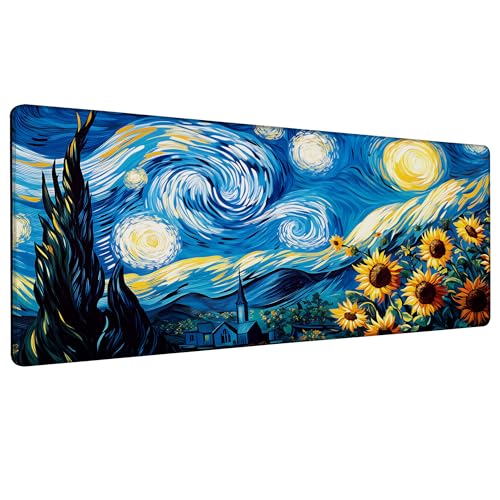 Starry Night and Sunflowers Gaming Mouse Pad with Stitched Edges Non-Slip Rubber Base Mouse Pad for Office,Computer,Keyboard,Laptop and Home Desk,31.5 x 11.8 Inch - color: Starry Night and Sunflowers, size: 11.8*31.5inch