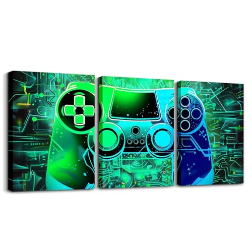Feelyou 3 Piece Green Blue Gamer Canvas Wall Art for Living Room Tech Line Gaming Picture Wall Decor for Dining Room Bedroom Bathroom Game Lovers Wall Art Kitchen Print Painting for Home Decor - color: Green Blue