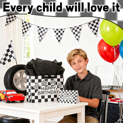 LERCTH Racing Car Happy Birthday Bag Black Grid Gift Bags Paper Tote Bag with Handles Gifts Wrap Paper Reusable Birthday Gift's Bag for Men Women Boys Teenager Soccer Boy - color: Checkered Racing gift bag, size: 1 count (Pack of 1)