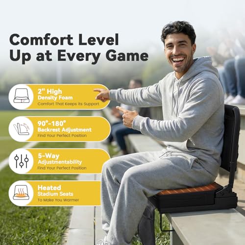 Stadium Seat with Back Support Foldable Bleach Chair,Portable 90-180 °Angle and Adjustable Height Recliner and Thick Cushion,Used for Sports Events & Concerts Includes Shoulder Strap - style: Unheatable