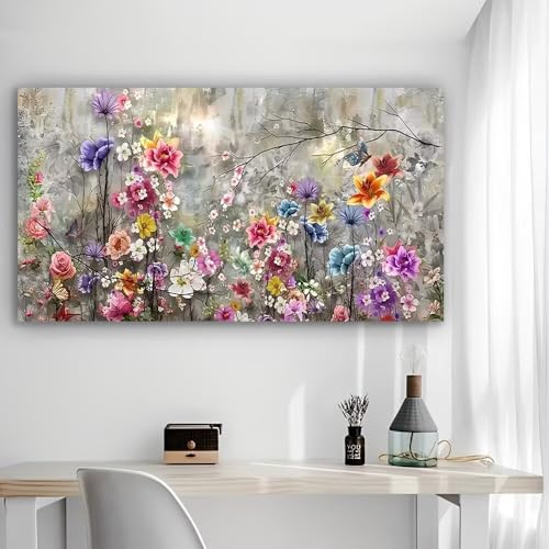 Colorful Flowers Blooming Garden Vintage Rustic Canvas Wall Art - 12x24in Unframed Poster- Home & Office Decor for Living Room, Bedroom, Kitchen & Cafe - color: Colorful Flowers