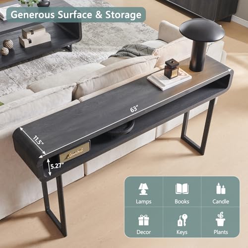 IFGET 63-Inch Long Console Table, 31.5" Tall Modern Entryway Table with Open Storage Shelf, Curved Profile Design, Narrow Wood Sofa Table Behind Couch Table for Living Room, Hallway, Foyer, Dark Grey - color: Dark Grey