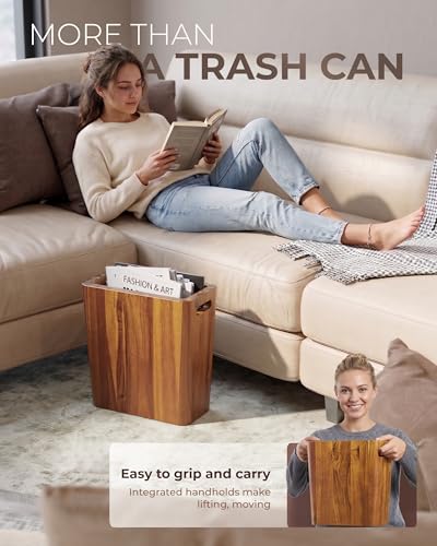 BLUEWEST 2.6 Gallon Acacia Wooden Bathroom Trash Can, Small Wastebasket with Handle, Decorative Wood Bin for Bedroom, Office or Under Counter Use