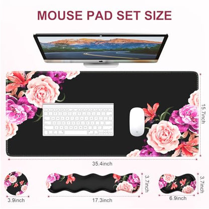iLeadon Mouse Pad Set, Desk Mat + Mouse Pad with Wrist Rest + Keyboard Wrist Rest + Coaster, Mouse and Keyboard Pad Set with Stitched Edge & Non-Slip Base, Desk Pad Mat for Work Gaming, Peony Flower - color: Peony Flower