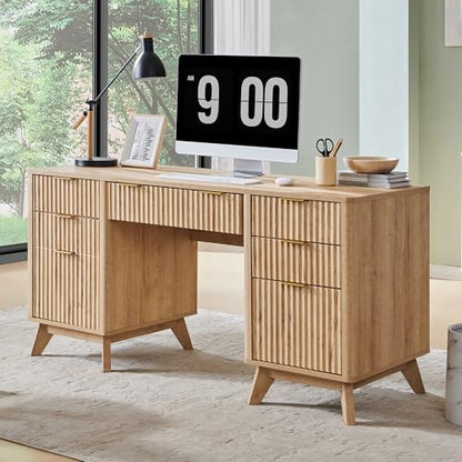 T4TREAM 60'' Fluted Executive Desk with Drawers, Modern Home Office Computer Desk with Charging Station, Keyboard Tray, File Drawer and Storage Cabinet for Study, Living Room, Bedroom, Natural Oak - color: Natural Oak