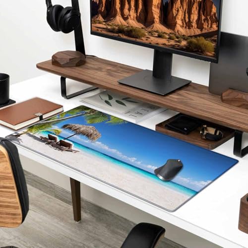 Gaming Mouse Pad, XXL Extended Computer Keyboard Long Mouse Mat, Large Desk Pad for Office Laptop, Non-Slip Rubber Base with Stitched Edge Mousepad, 35.4X15.7 inch Tropical Palm Sea and Beach - color: Tropical Palm Sea and Beach, size: 35.4" x 15.7"