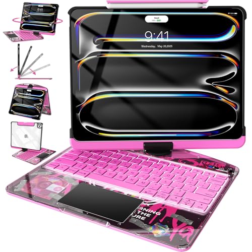 Intermerge Clear Keyboard Case for iPad Pro 13"(M5,2025/ M4,2024), 360° Swivel Multi-Touch Trackpad, 7-Color RGB Backlit, Pencil Holder, Type-C, Power Indicator, Blush Pulse