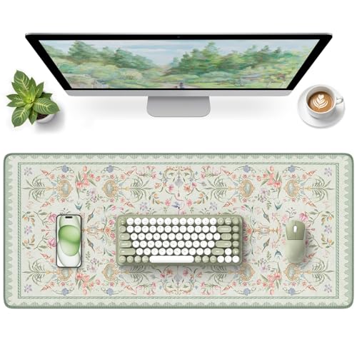 HAOCOO Floral Mouse Pad, 35.4" x 15.7" Waterproof Makeup Mat, Cute Aesthetic Desk Decor Pad, Women Office Keyboard Matt with Stitched Edges, Green Desk Accessories Work for Home - color: Sage Green, size: 35.4" x 15.7"