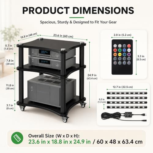 3-Tier AV Media Stand with LED Lights, Heavy Duty Mobile Stereo Cabinet Stand with Wheels, Wooden Stereo Rack, Audio Rack Furniture Perfect for DVD Player/Game Console (with Lights, 3 Tier) - color: With Lights, size: 3 Tier