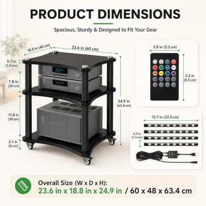 3-Tier AV Media Stand with LED Lights, Heavy Duty Mobile Stereo Cabinet Stand with Wheels, Wooden Stereo Rack, Audio Rack Furniture Perfect for DVD Player/Game Console (with Lights, 3 Tier) - color: With Lights, size: 3 Tier