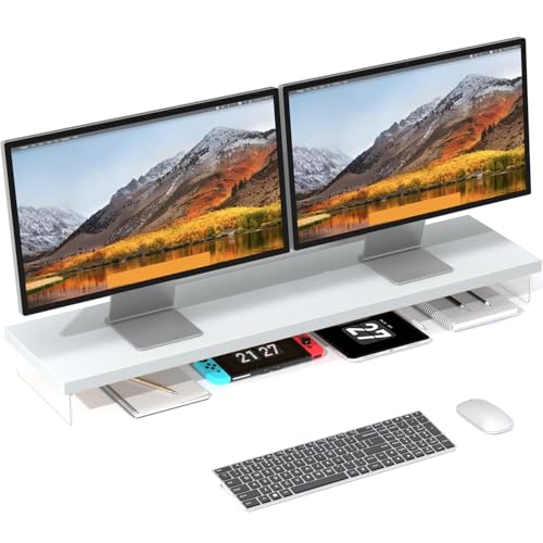 Dual Monitor Stand Riser, 40" Large Computer Monitor Stands for 2 Monitors, Wooden Desktop Organizer Shelf for Office Desk Computer, Laptop, TV, Monitor, Printer - color: White, size: 40*10 Inch