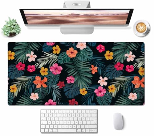 Gaming Mouse Pad, Large Mouse Pads for Desk, Non-Slip Rubber Base Mousepad, Keyboard Mouse Mat, Desk Pad with Stitched Edges, 31.5x15.7 inch Hibiscus Flowers and Palm Leaves - color: Hibiscus Flowers and Palm Leaves, size: 31.5L x 15.7W inches