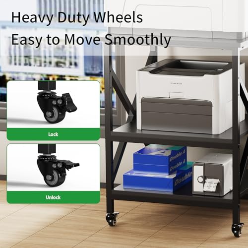 3 Tier Printer Stand, Large Table with Wheels, Rolling Cart with Height Adjustable Middle Storage Shelf, 23.6 x 23.6 x 30.3 Inches Shelf for Home Office, Black - color: Black