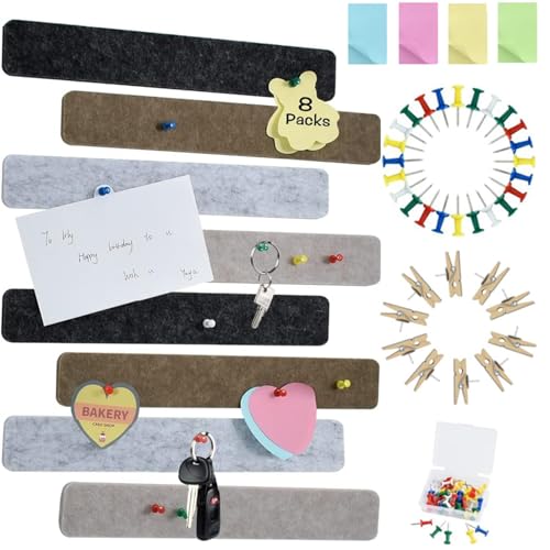 Vuzvuv 8 pcs Bulletin Board Bar Strips with 50 Pushpins & 10 Wooden Clip pins，Self Adhesive Cork Board for Wall，Felt Pin Board for School，Office Decor(Black Brown Gray) - color: Black Brown Gray