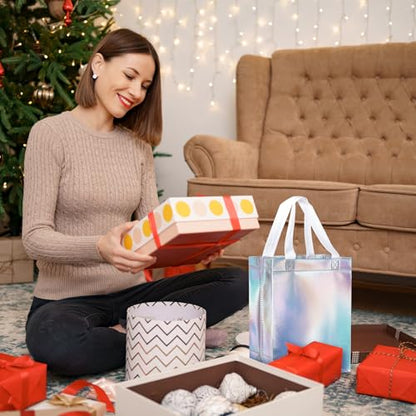 NEOACT 30 Pcs Iridescent Gift Bags Medium Size,Glossy Holographic Reusable Gift Bags with Handles,Ideal Goodie Bag for Birthday,Wedding,Christmas,Party Favor - 7.8x3.9x10 Inch