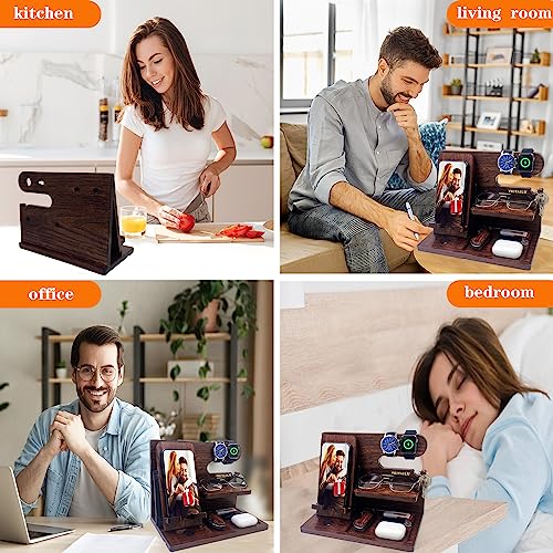 VEIYAILU Gifts for Men Women Brother Boss Boyfriend Him Nightstand Organizer Gifts for Dad from Daughter Son Wood Phone Docking Station (Dark Brown) - color: dark brown