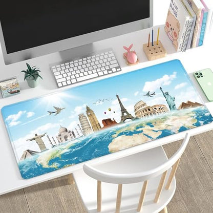 31.5x11.8 Inch Non-Slip Long Extended Large Gaming Mouse Pad with Stitched Edges XL Laptops Keyboard Mouse Mat(Travel World) - color: Travel World