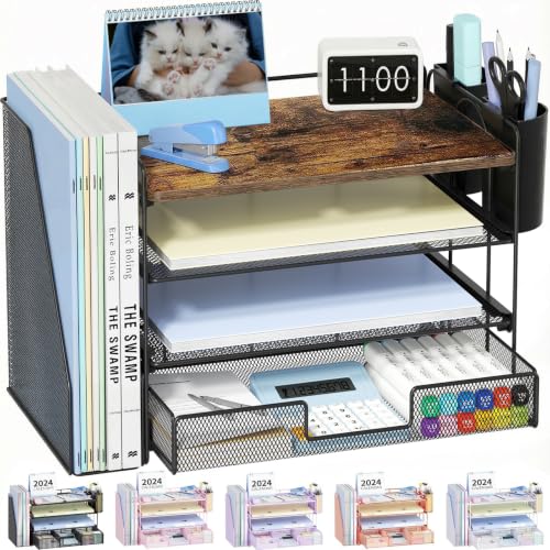 OPNICE Desk Organizer, 4-Tier Desktop File Organizer with Drawer and Pen Holders, Office Desk Accessories, File Sorters, Workspace Organizers for Office Supplies(Wood) - color: Wood, size: 4-tier