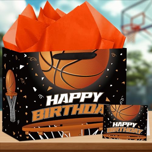 Hooqict Large Basketball Gift Bag with Handles, Tissue Paper, Greeting Cards Basketball Birthday Gift Wrap Bag for Kids Boys Men Sports Themed Goodie Treat Party Favors - color: Basketball