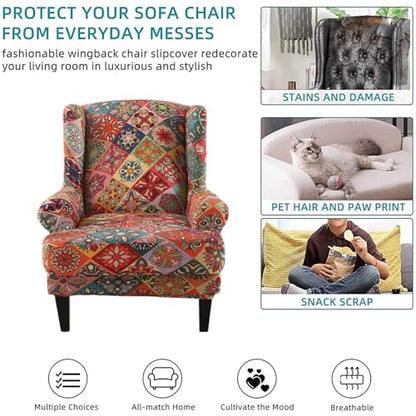 KRFOONN Stretch Wing Chair Slipcovers Printed 2 Piece Wingback Chair Covers Soft Spandex Wingback Armchair Slipcover Furniture Protector Chair Covers for Living Room Wingback Chair, T10 - color: Color T10