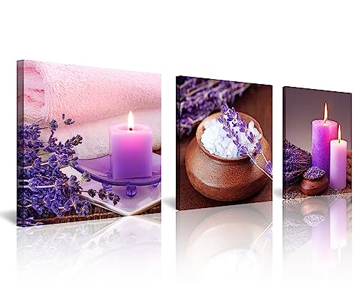 NAN Wind Zen Canvas Wall Art Tranquil Spa Still Life with Purple Aromatherapy Candles and Zen Stone Aroma of Lavender Flower Pictures Print on Canvas Ready to Hang for Bathroom Decoration - color: aromatherapy, size: 16X16inchX3pcs